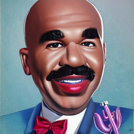 Prompt: clean 1980s airbrush art of Steve Harvey in a surreal space with objects and shapes
