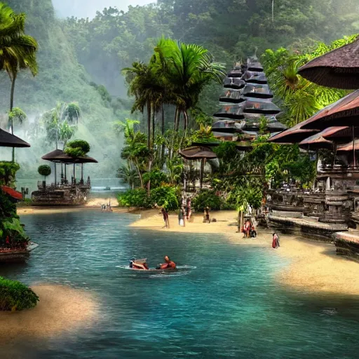 Prompt: A beautiful, perfect, impressive, amazing concept art digital CG painting of a place in Bali with people, trending on ArtStation, Unreal Engine