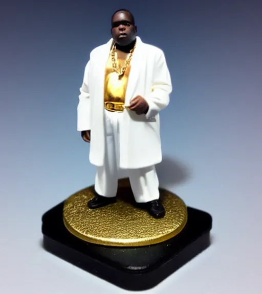 Prompt: notorious big with elegant white suit and walking stick, gold crown, jesus piece pendant, resin miniature, 2 8 mm heroic scale, games workshop, deity, citadel colour, glowing eyes, osl, nmm, r / paintedminis