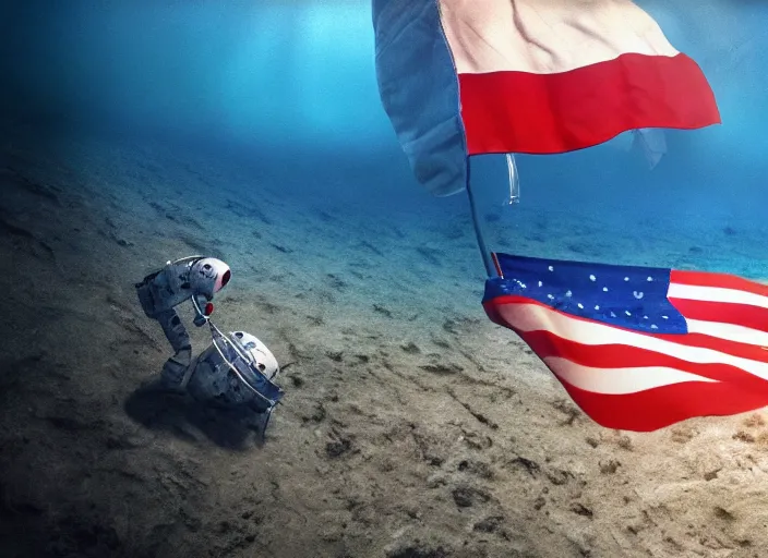 Image similar to astronaut underwater putting a flag in the sand of the bottom of the ocean. there is a submarine that looks like a rocket in the distance. dark, concept art, cinematic, dramatic, atmospheric, 8 k, trending on artstation, low visibility, zack snyder
