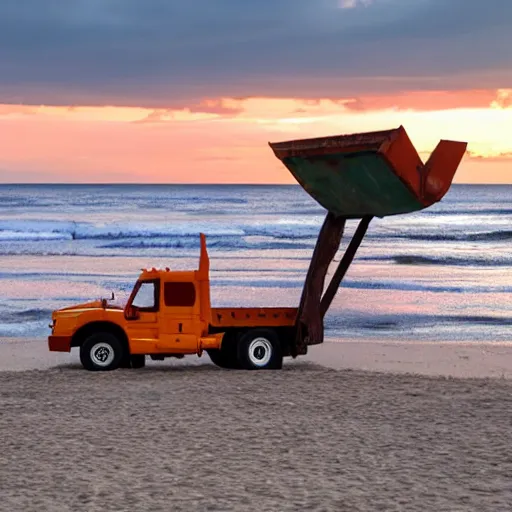 Image similar to a dump truck chilling on the beach, sunset