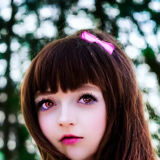 Prompt: photo of an adorable anime girl with long brown hair, looking partly to the left, blue shining eyes, light makeup, light pink lipstick, bokeh forest background, 4k, highly detailed, cel-shaded