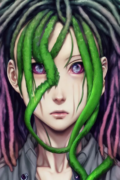 Image similar to portrait of an anime manga girl with green snake dreads, straight on portrait, by artgerm, james jean, tom bagshaw, gerald brom, vaporwave colors, lofi colors, vaporwave, lofi, goth vibe, 4 k, smooth, hd, substance designer render, full body character concept art, symmetrical,