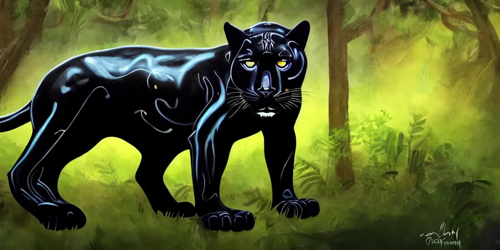 Image similar to a panther, made of smooth black goo, prowling through the forest, viscous, sticky, full of tar, covered with black goo. concept art, painting, animal drawing, color, savanna, wildlife photography, black goo, cinematic, in the style of alan m hunt