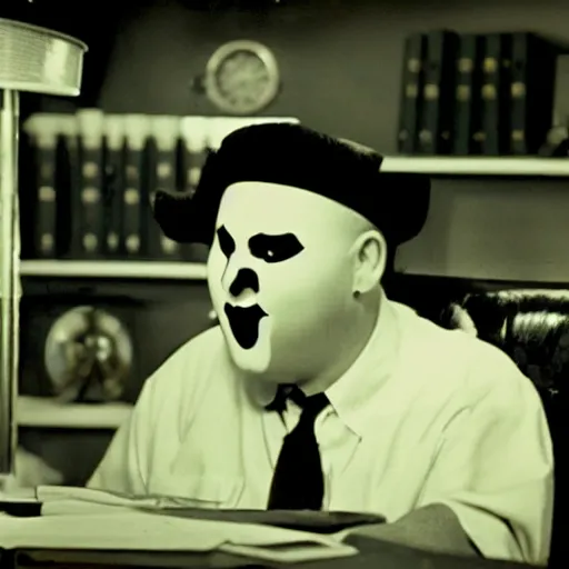 Image similar to violent j working an office job in the 1 9 5 0 s, flickering yellow lighting, highly detailed, 4 k,