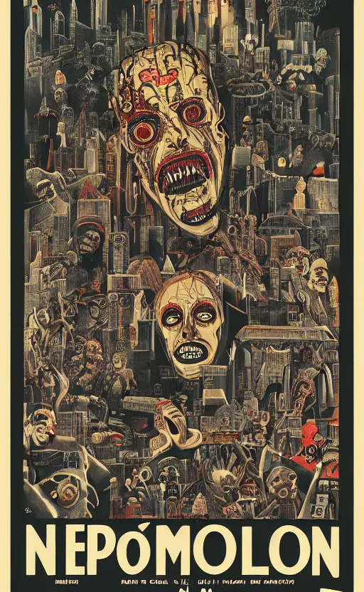 Image similar to cursed with necronomicon horrorcore cel animation poster depicting i don't know, intricate faces, metropolis, 1 9 5 0 s movie poster, post - processing, vector art