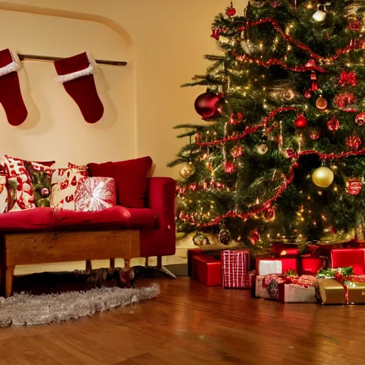 Image similar to interior of a cozy basement with christmas decorations, hd photo