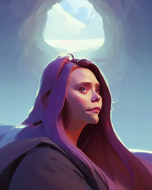 Image similar to side - profile painted portrait, elisabeth olsen as a mage, bright backlit, key lighting, smooth, gaudy colors, maya render, octane render aesthetic, dota matte painting concept art, official fanart behance hd artstation by jesper ejsing, by rhads and makoto shinkai and lois van baarle and ilya kuvshinov and rossdraws