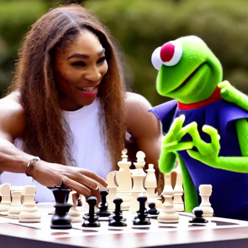 Prompt: Kermit the frog playing chess with Serena Williams photo 4k hd