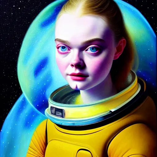 Image similar to portrait of a elle fanning wearing a spacesuit in the dark depths of space, detailed realism face in painting, detailed beautiful portrait, oil painting masterpiece, 8 k resolution, smooth, sharp focus, trending on artstation, by johannes vermeer