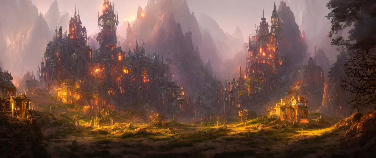 Prompt: digital painting of a detailed futuristic steampunk castle village, behind a forest, large mountains in back, concept art, low angle, high detail, warm lighting, volumetric, godrays, vivid, beautiful, trending on artstation, by Jordan grimmer, no focus, huge scene, grass, no bricks