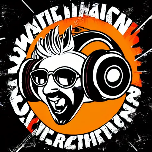 Image similar to svg vector sticker of absolutely insane-mad-scientist-villain, rocking out, wearing headphones, huge speakers, dancing, rave, DJ, spinning records, digital art, amazing composition, rule-of-thirds, award-winning, trending on artstation, featured on deviantart