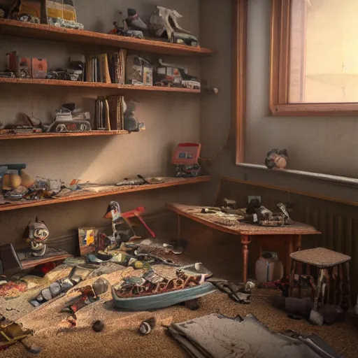 Image similar to antique shelf filled with broken toys. photorealism, soft light, morning. by annie leibovitz, chris foss. hyperrealism, dusty, moody, high detail, artstation, unreal engine, tonal color scheme.