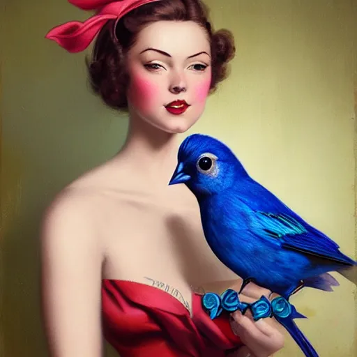 Image similar to hyper realistic painting, tasteful pinup girl holding an indigo bunting, bird, the bird is wearing a bowtie, by greg rutkowski, highly detailed, digital illustration, rossdraws, gil elvgren, enoch bolles, anime, porcelain skin, very coherent