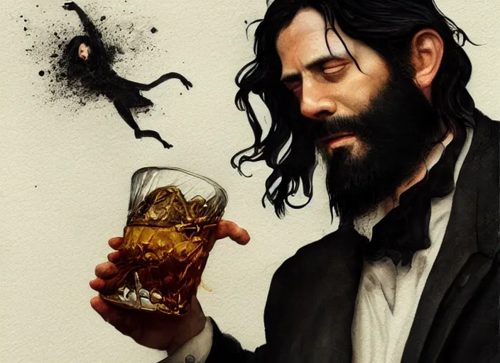 Prompt: A handsome Frenchman with beard and long black hair toasting with the devil drinking whiskey, watercolor, dramatic lighting, cinematic, establishing shot, extremely high detail, foto realistic, cinematic lighting, digital art, vector, by Yoshitaka Amano, Ruan Jia, Kentaro Miura, Artgerm, post processed, concept art, artstation, matte painting, style by eddie mendoza, raphael lacoste, alex ross