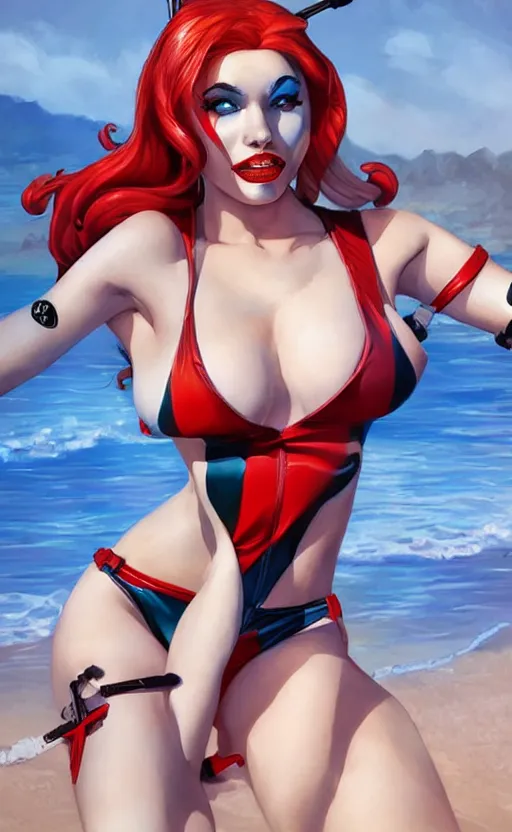 Image similar to harley quinn in a swim suit by artgerm and guweiz