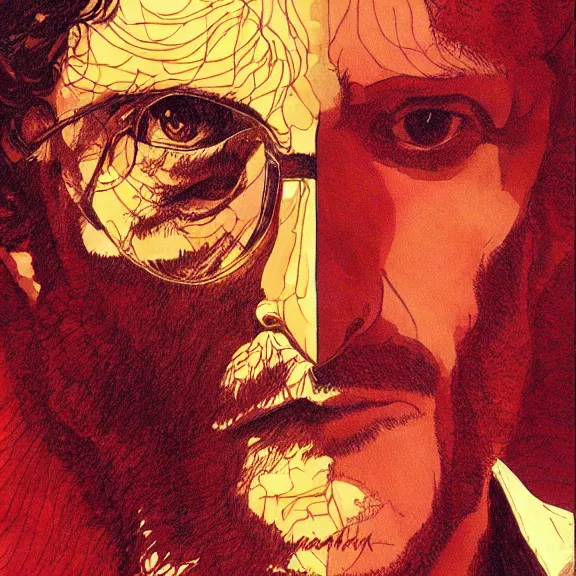 Image similar to will graham, hannibal, red, dark, by jean giraud, golden ratio, environment, hyper detail, concept artbook