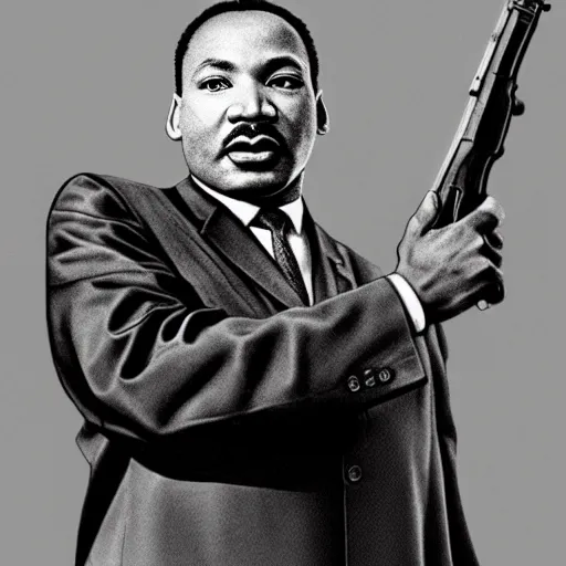 Image similar to martin luther king jr holding a colt rifle, photorealistic