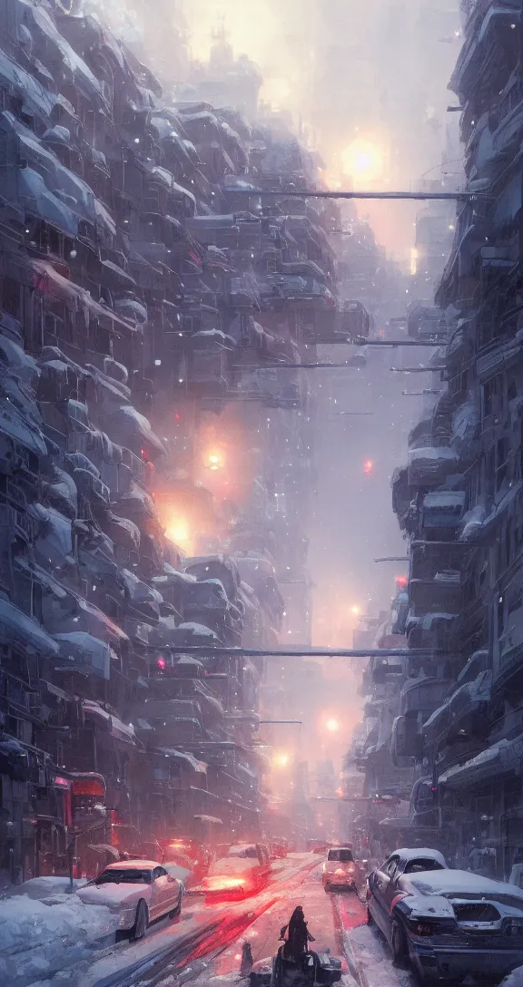 Image similar to Traffic in a snowy city, bright, pretty, by Studio Ghibli and Greg Rutkowski, artstation