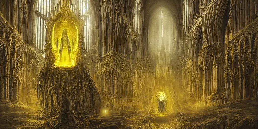 Image similar to a tall towering huge pale human wearing a yellow garment sitting upon an ornate stone throne, 4K, digital art, lovecraftian, lovecraft art, artstation, horror, dramatic, wearing a long yellow rotting garment, dark, hyperrealistic, dramatic perspective, complex (((dark))) cathedral background, dark background, highlights,