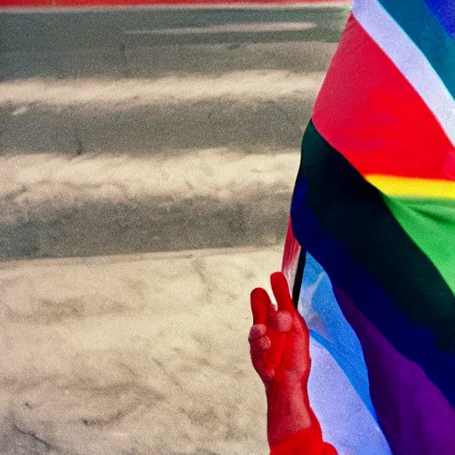 Image similar to photo of putin waving a gay pride flag, cinestill, 800t, 35mm, full-HD