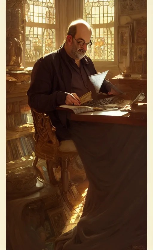 Image similar to portrait of salman rushdie writing, deep focus, d & d, fantasy, intricate, elegant, highly detailed, digital painting, artstation, concept art, matte, sharp focus, illustration, art by artgerm and greg rutkowski and alphonse mucha