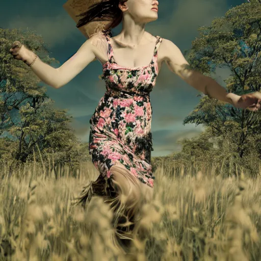 Prompt: longshot view realistic photograph of a woman with heavy makeup who is wearing a floral sleeveless sundress and holding a suitcase while running through a field, raytracing reflections, 8 k, hyperrealistic, insanely detailed, hdr, octane render, uhd, tintype, deckle edge, motion blur, expired black and white film, by francesca woodman