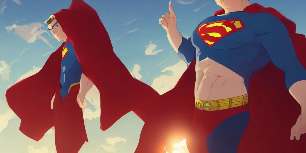 Image similar to donald trump as superman, art by makoto shinkai, studio ghibli, greg rutkowski, wlop, highly detailed, anime key visual, 4 k, high quality, studio portrait