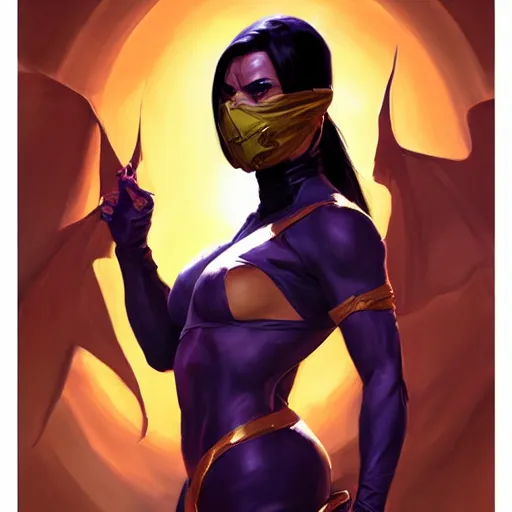 Image similar to greg manchess portrait painting of mileena from mortal kombat wearing a mask covering her mouth as overwatch character, medium shot, asymmetrical, profile picture, organic painting, sunny day, matte painting, bold shapes, hard edges, street art, trending on artstation, by huang guangjian and gil elvgren and sachin teng