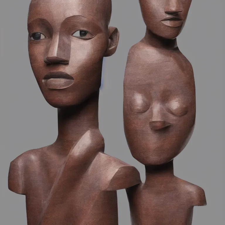 Image similar to monumental sculpture geometric minimalist!!! portrait of a lupita nyong'o, beautiful symmetrical!! face accurate face detailed face realistic proportions, hand - carved out of red oak wood on a pedestal by stephan balkenhol and martin puryear, cinematic lighting shocking detail 8 k