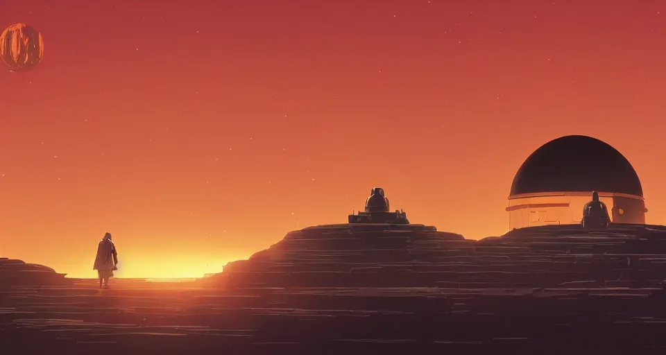 Image similar to beautiful wide shot tatooine landscape, Luke skywalker sunset, dome, Star Wars a new hope 1977, studio ghibli, Miyazaki, Greg rutkowski, Alphonse mucha, Moebius , animation, golden hour, highly detailed, hdr, vivid color, 70mm