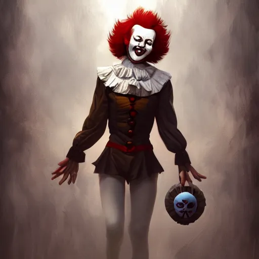 Prompt: Pennywise beieng cool, Graceful body structure,cute,Symmetrical face,highly detailed,elegant,Marc Simonetti and Caspar David Friedrich, Trending on artstation