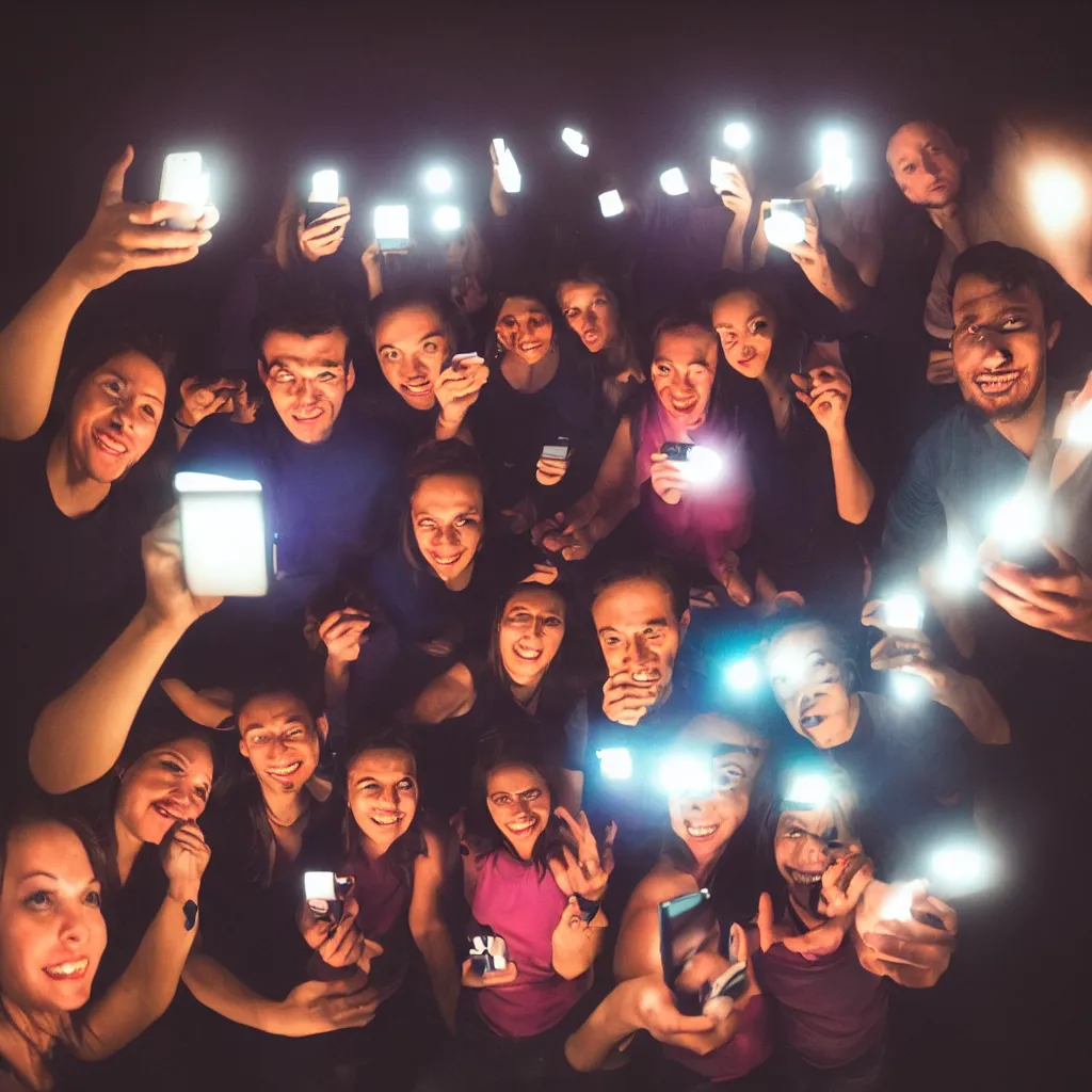 Prompt: gopro of group of people in a dark room, illuminated by the different color of screen of their smartphones. calm social setting. partecipating in a social game. talking, listening. picture taken with smartphone, iphone 12 camera, 4K, highly detailed, vibrant colors, contrasting