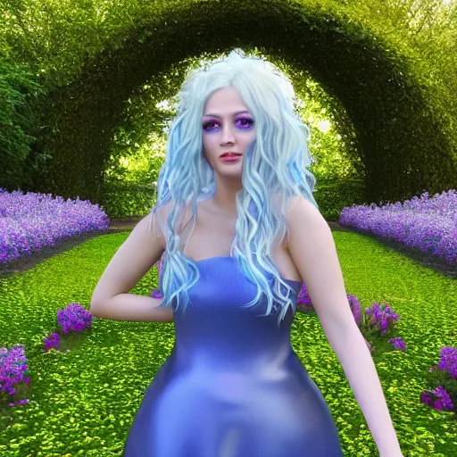 Image similar to “hyperrealistic ultra detailed unreal engine 5 RTX raytracing nvidia hairworks render of portrait of the most beutiful girl with blue eyes and white hair. She is in heavens garden. She has amazing silver jevelery. Nose piercing. Latex dress . Ultra realistic face Rainbow. Trending art station. Grymes inspires. Wonderful landscape on the background”