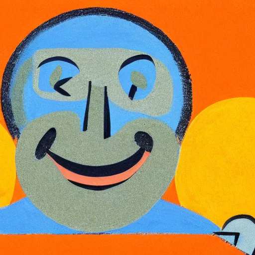 Image similar to abstract, and somewhat cubist. the central image is of a round, happy looking man, his hands spread wide. he smiles up towards an orange sun. the background is a dark, murky, blueish color. the effect is somewhat disturbing.