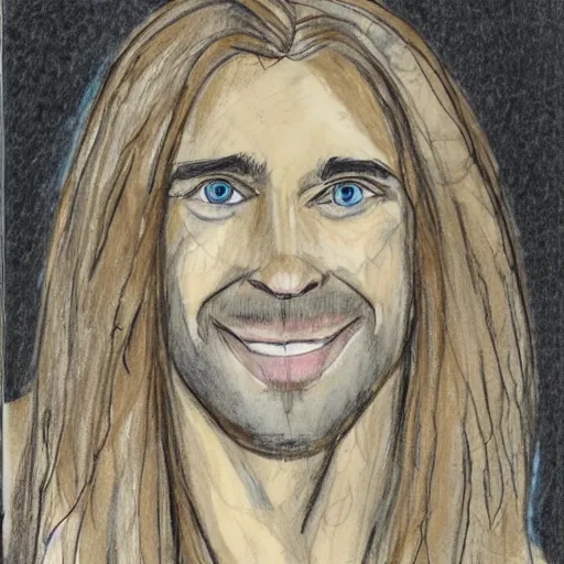 Image similar to sketch of a caucasian face, medium long hair, bad skin, skinny, blue eyes, smiling, climber