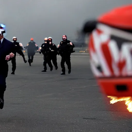 Prompt: donald trump running from the police, helicopters and explosions in the background