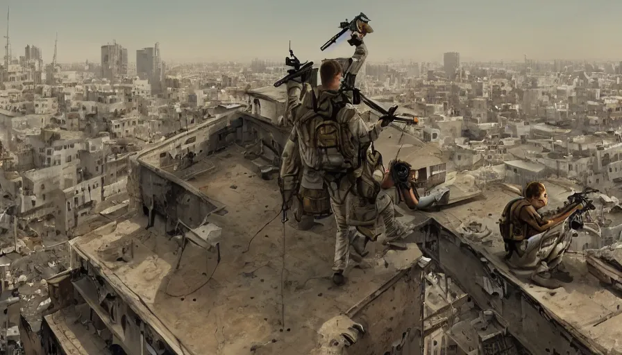 Image similar to sniper monkey on the roof of a building during iraq war, hyperdetailed, artstation, cgsociety, 8 k