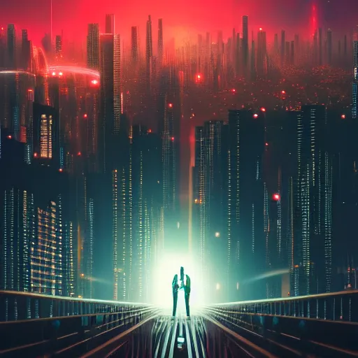 Image similar to a man standing on top of a bridge over a city, cyberpunk art by vincent lefevre, behance contest winner, altermodern, cityscape, synthwave, matte painting