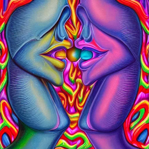 Image similar to emotive painting by alex grey of two bizarre femme creatures kissing each other closeup. they have strange appendages. they are in a psychedelic landscape. speculative evolution, exobiology, golden ratio