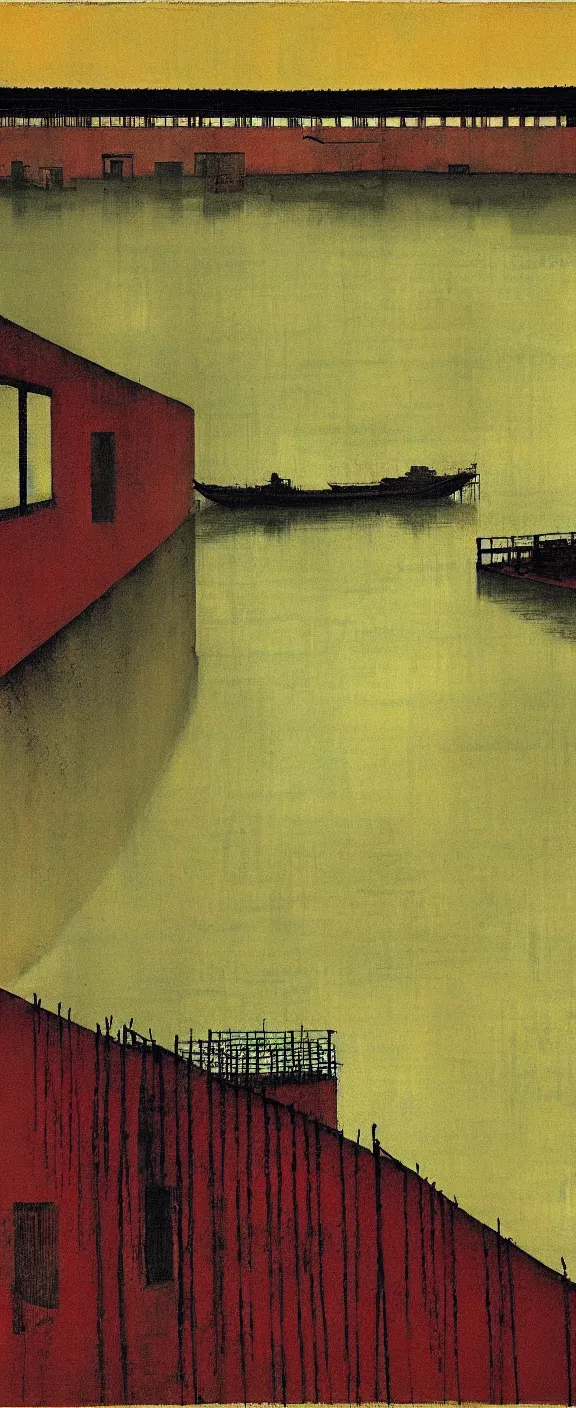 Image similar to a chinese prison near a river by peter doig, muted colors