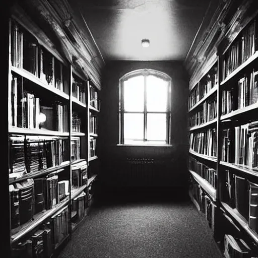 Image similar to a gloomy shadowy midnight crypt room full of darkness with bookshelves. contrast:5, brightness:0