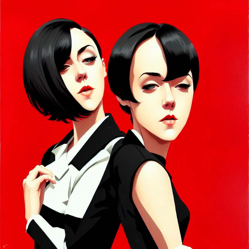 Prompt: jena malone, slim cruel business girl in tuxedo with black bob hair, elegant, 2 d, ultra highly detailed, digital painting, smooth, sharp focus, artstation, art by ilya kuvshinov!