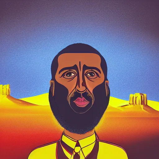 Image similar to ultra realistic portrait of dj khaled in a studio, ultra detailed, under blue, red and yellow cinematic lighting, salvador dali, cartoon, monument valley, escher