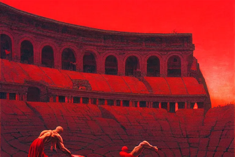 Prompt: only with red, a red gladiator in a crowded roman amphitheatre, crowd cheers him, in the style of beksinski, parts by edward hopper, parts by rodcenko, parts by yue minjun, intricate and epic composition, red by caravaggio, insane quality, highly detailed, masterpiece, red light, artstation