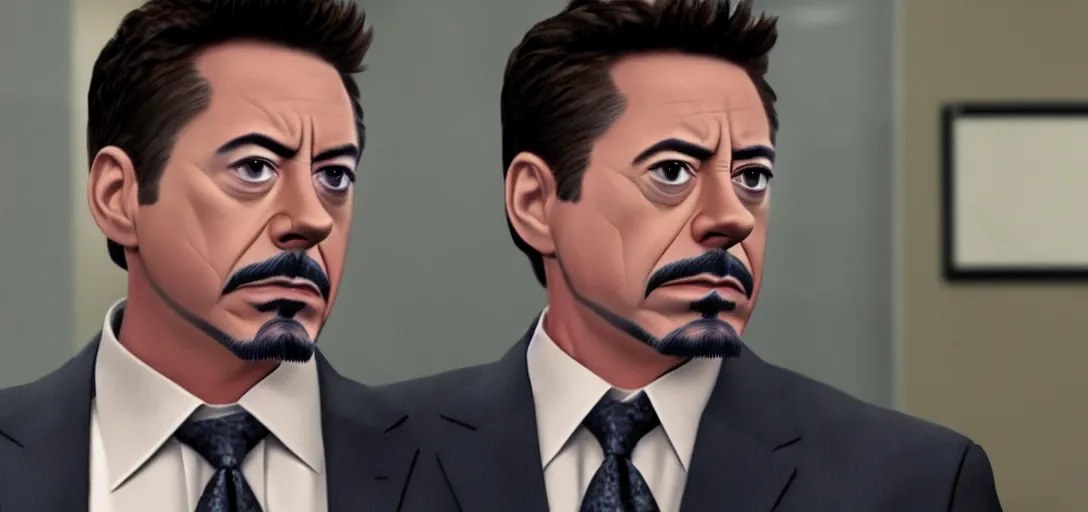 Image similar to a very high resolution image of tony stark. from an episode of the office with micheal scott. photorealistic, photography