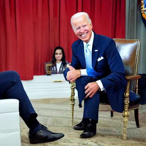 Image similar to joe biden talking to a shoe on a desk.