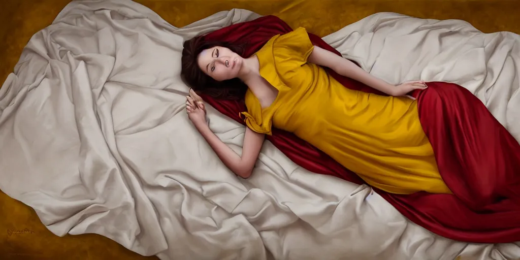 Image similar to beautiful oil matte portrait painting, top down view of a young woman lying on a red bed sheet wearing a mustard yellow dress covered in rose petals, wonderful masterpiece highly detailed, beautiful cinematic light deep focus, elegant, digital painting, smooth, sharp focus, golden ratio, dramatic illumination, ultra realistic, 8 k, art by jimmy law