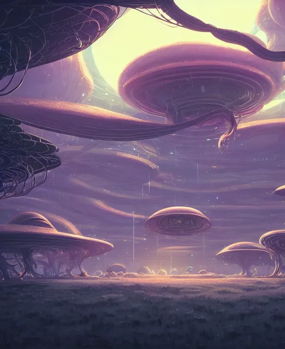 Prompt: simplicity, a home made out of exotic fungus, weird smooth fungus and branching tendrils, spaceship, sci - fi, robots, somber, partly cloudy, by dan mumford, yusuke murata, makoto shinkai, ross tran, cinematic, unreal engine, cel shaded, featured on artstation, pixiv