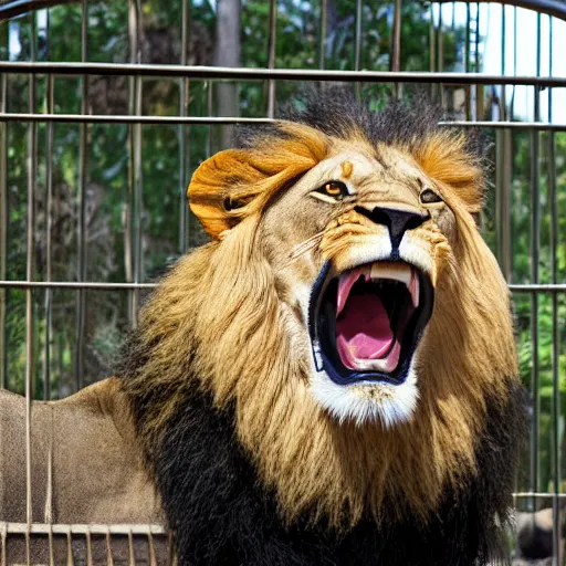 Image similar to lion roaring in cage at the zoo